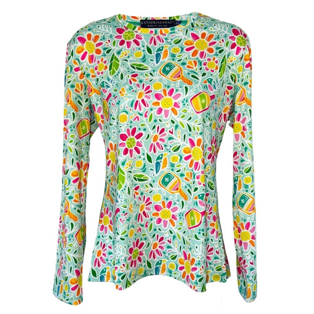 Katherine Way St. Pete Top in Pickle Me Pink Aqua Pickleball Print XS NWT